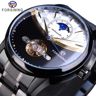 Forsining Vintage Mechanical Watch Men Automatic Black Tourbillon Moon Phase Stainless Steel Band Business Watches Clock