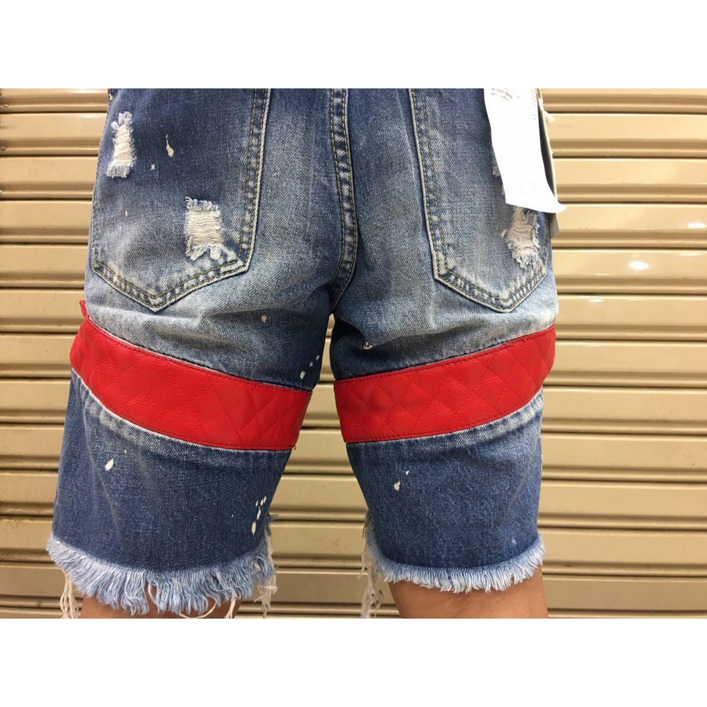 short-denim-กางเกงยีนส์ฟอกสีซีด-คาดแถบหนัง-แดง-งานพรีเมียม