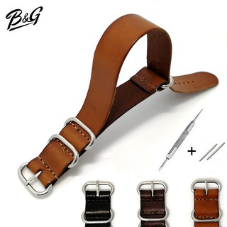 สินค้า B&G สายนาฬิกา สายซูลู สายหนังวัวแท้ ห่วงสายสีเงิน Zulu Leather Strap มีขนาดกว้าง 18mm,  20mm และ 22mm ให้เลือก