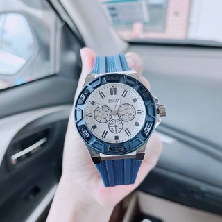 (ผ่อน0%) นาฬิกาชาย Guess Mens Force Blue Silicone Band Steel Case Quartz Watch หน้าปัดกลม 45 มม. สายซิลิโคนสีน้ำเงิน