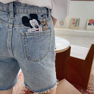 ins👖กางเกงขาสั้นเดนิมผู้หญิง,มิกกี้,เย็บปักถักร้อย,หลวม,ตรง,กางเกง,กางเกงยีนส์ขากว้างสไตล์เกาหลี