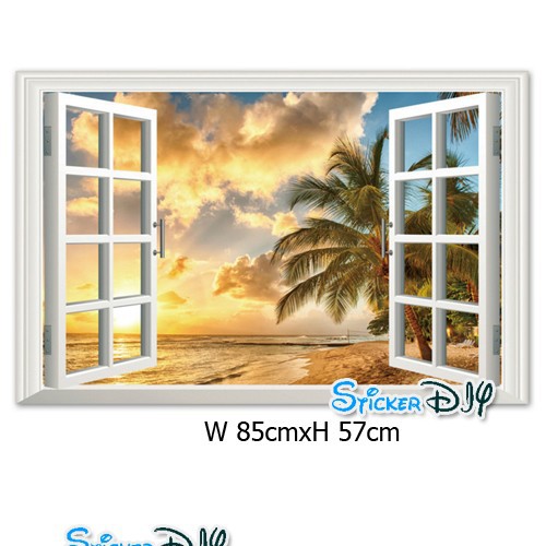 transparent-wall-sticker-สติ๊กเกอร์ติดผนัง-3d-ชายหาดพระอาทิตย์ตก-กว้าง85cm-xสูง57cm