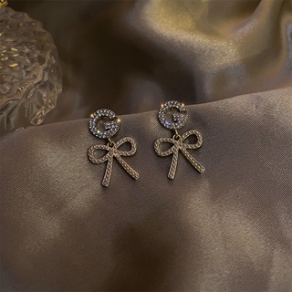 925 silver needle with diamond letter pearl bow earrings Korean design personality earrings temperament earrings women f