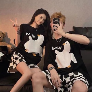 🔥Hot sale！ชุดนอนคู่รัก ผู้หญิง ฤดูร้อน เสื้อสวมหัว กระดานหมากรุก บริการบ้าน สุทธิ สีแดง ชุดการ์ตูน