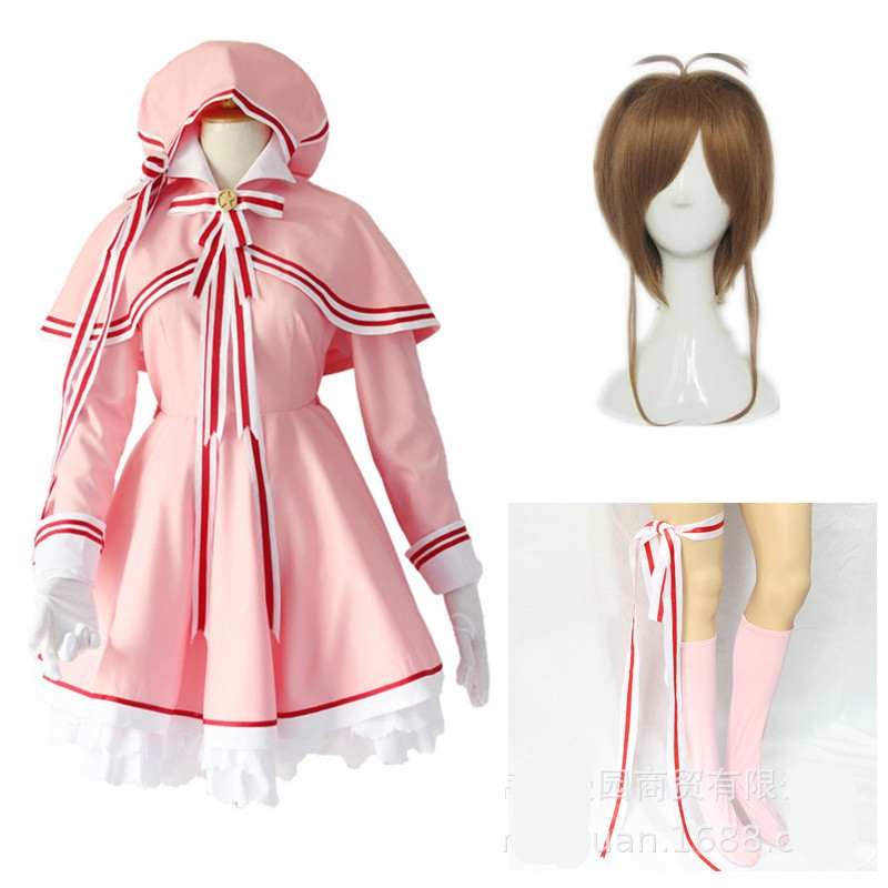 ชุดคอสเพลย์-cardcaptor-sakura-clothing-magic-wand-role-dress-cos-girl-cherry-pink-dress-wig