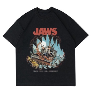 เสื้อยืดผ้าฝ้ายพิมพ์ลายขายดี เสื้อยืด ลาย JAWS สไตล์วินเทจ | เสื้อยืด พิมพ์ลายภาพยนตร์ FILM 1975 | เสื้อยืด สีดํา