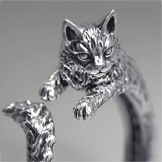 ใหม่ s925 ย้อนยุคเงินไทยแหวนแมวดำยุโรปและอเมริกาสัตว์เลี้ยงลูกแมวสดปากแหวนหญิง
