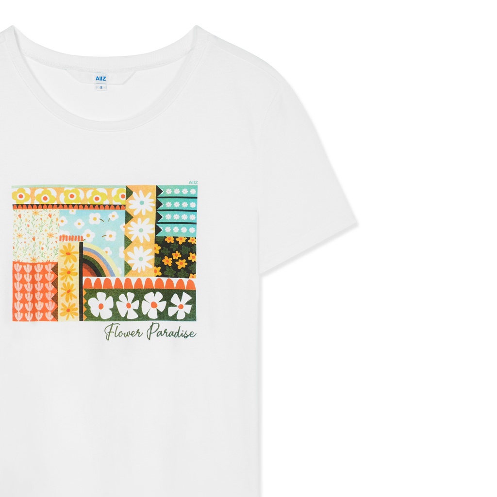 เสื้อยืดสีขาวaiiz-เอ-ทู-แซด-เสื้อยืดคอกลม-พิมพ์ลาย-womens-joyful-flowers-graphic-t-shirts