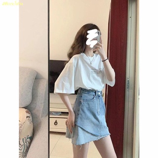 ❤จัดส่งทันที❤เสื้อยืดแขนสั้น + กระโปรงยีนส์เอวสูง A-line กระโปรงชุดลำลอง Women