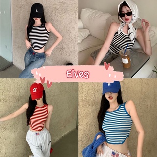 Elves✨พร้อมส่ง✨  เสื้อกล้ามไหมพรม คอกลม ดีเทลลายทาง ปลายเสื้อโค้งเก๋ๆ ~59806~