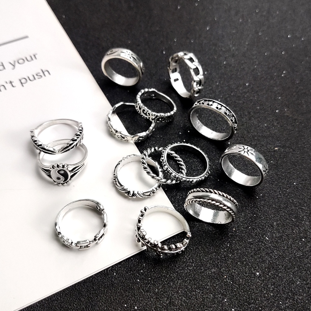 aoer-14ชิ้น-เซ็ต-ชุดแหวนไทเก็กเงินวินเทจสำหรับผู้หญิง