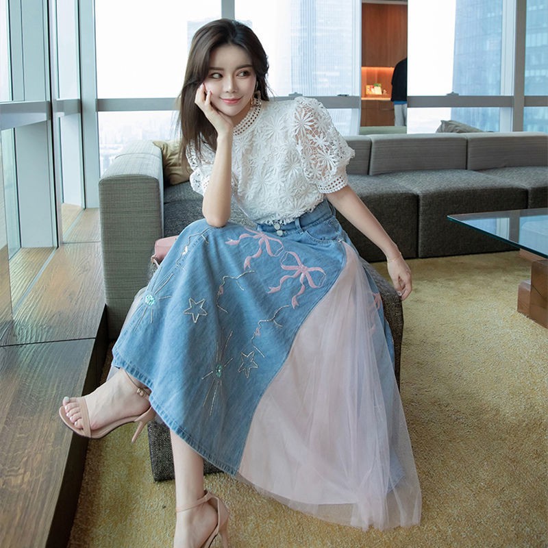 พร้อมส่ง-skirt-womens-new-high-waist-umbrella-skirt-long-gauze-skirt-embroidery-mesh-half-length-denim-skirt