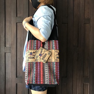 Thai Hmong Handmade Shoulder Bag Bohemian Hippie Boho Cotton Fabric กระเป๋าย่ามสะพายไหล่ ลายช้าง กระดุมกระลา ภาคเหนือ