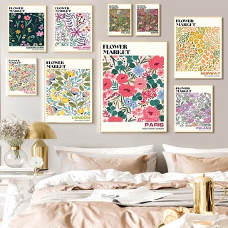 โปสเตอร์ภาพวาดผ้าใบ รูปดอกไม้ ใบไม้นามธรรม สไตล์วินเทจ สีสันสดใส สําหรับตกแต่งผนัง ห้องนั่งเล่น