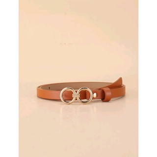 เข็มขัดแฟชั่น PU เข็มขัดหัวกลม สีน้ำตาล เส้นเล็ก น่ารัก Round Buckle Belt (ส่งจากไทย)