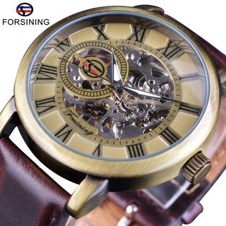 Forsining Retro Skeleton Dial Design Mechanical Wristwatches Genuine Leather Luminous Pointer Fashion Transparent Case C