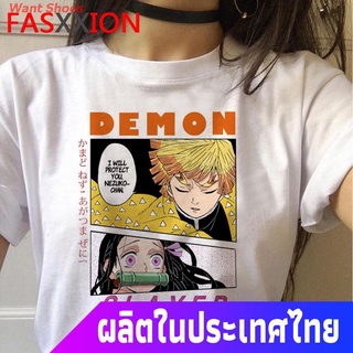 ผ้าฝ้าย 100%เสื้อยืดลำลอง เสื้อยืดลายกราฟฟิก Kimetsu No Yaiba Demon Slayer Short sleeve T-shirtsS-3XL