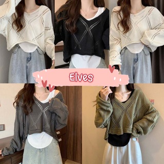 Elves✨พร้อมส่ง✨ เสื้อถักไหมพรม คอวีแขนยาว ถักตาข่ายทั้งคิ้วมาก ~73201~