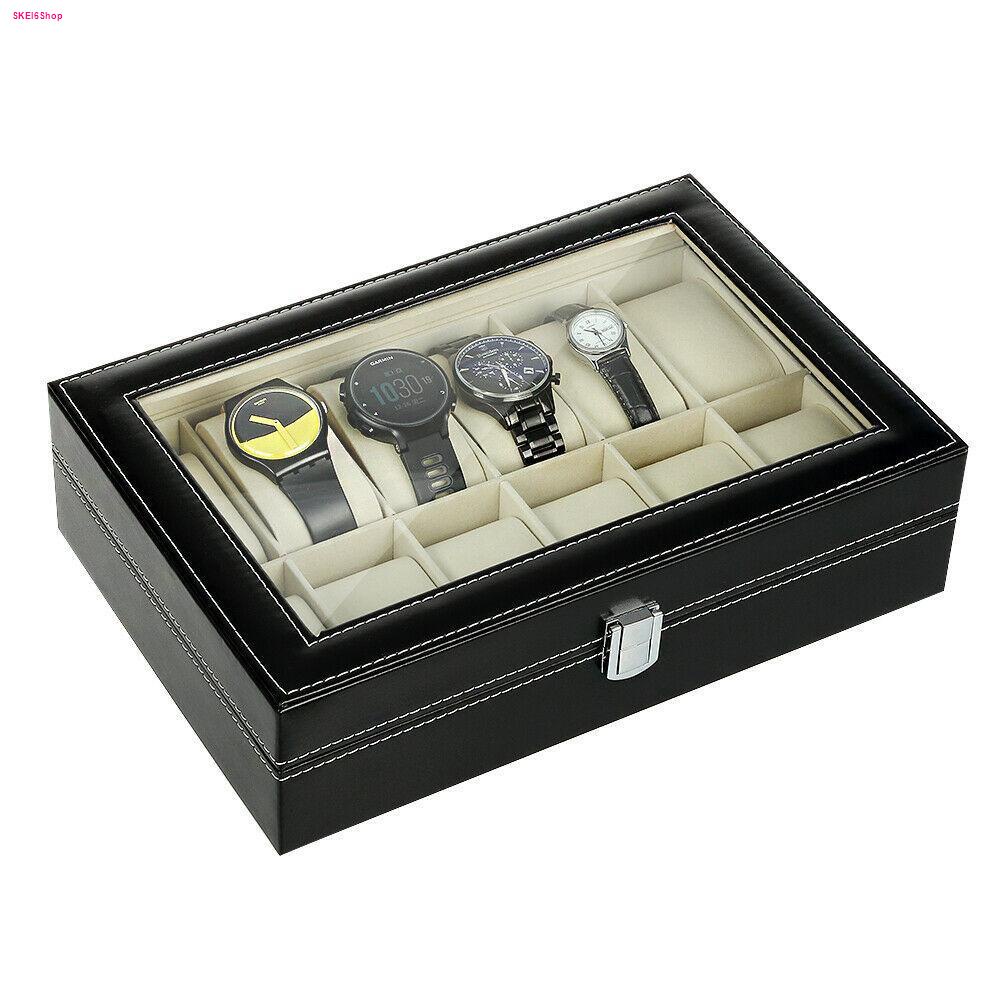 eco-home-watch-box-กล่องใส่นาฬิกา-กล่องนาฬิกา-12-เรือน-ฝากระจก-black