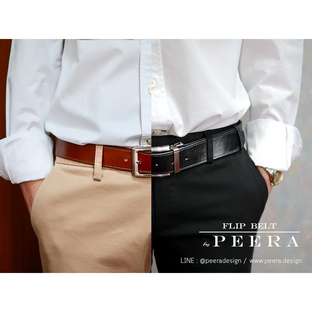 ภาพหน้าปกสินค้าเข็มขัด Flip Belt ใส่ได้ทั้งสองด้าน หนังวัวแท้ PEERA