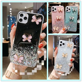 เคส iPhone 14 13 12 11 Pro X XR XS Max 8 7 6 6S Plus SE 2020 Glitter Sequins 3 Butterflies Soft Case Cover