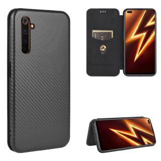 Luxury Carbon Fiber PU Leather Casing Realme 6 Pro Magnetic Flip Cover Realme6 Wallet Case Card Holder Stand
