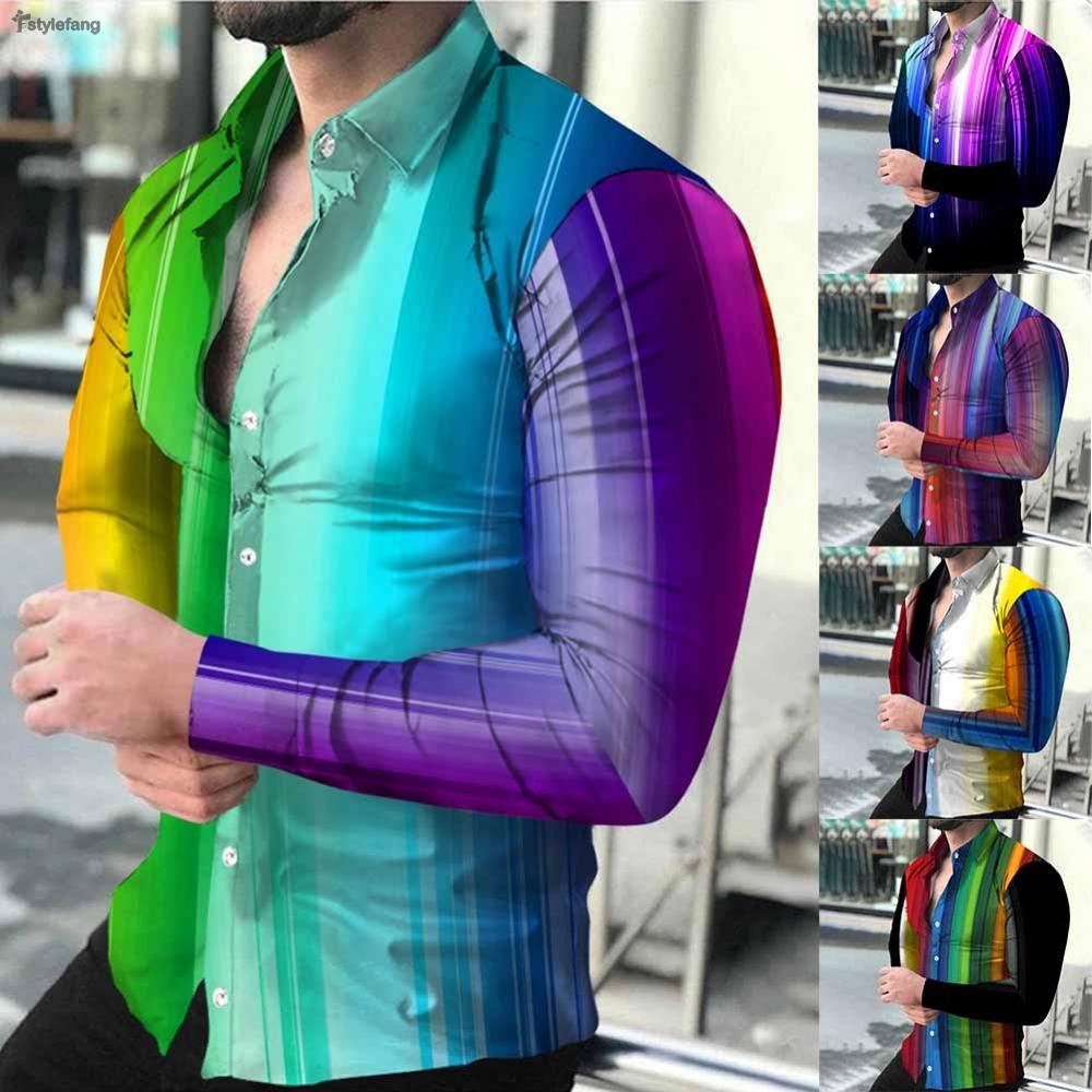 STYLEF-~Button Down Colorful Stripe Shirt Mens Baroque Party Long ...