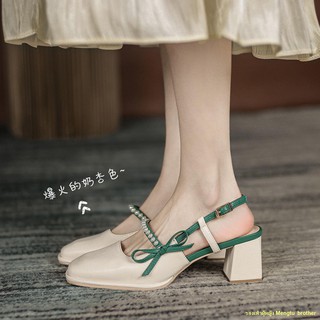 🔥🚀พร้อมส่ง #รองเท้าผู้หญิง2021ใหม่โบว์มุกหัวเหลี่ยมรองเท้าส้นสูง Mary Jane รองเท้าแตะส้นหนารองเท้าเดี่ยวผู้หญิง