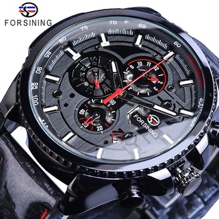 Forsining Black Racing Speed Automatic Mens Watch Self-Wind 3 Dial Date Display Polished Leather Sport Mechanical Clock