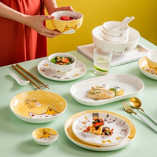 ✁☌✻Cute Cat Ceramic Dinner Plates Japanese Style Hand-painted Dishes Children Tableware Sauce Dish Dessert Coffee Servin