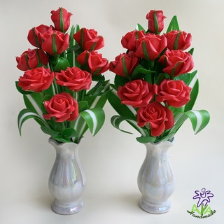 แจกันดอกกุหลาบ 7 / 9 ดอก แดงและชมพู ขนาดกลาง ดอกไม้ ดินปั้น (27-28 cm / 29-30 cm)