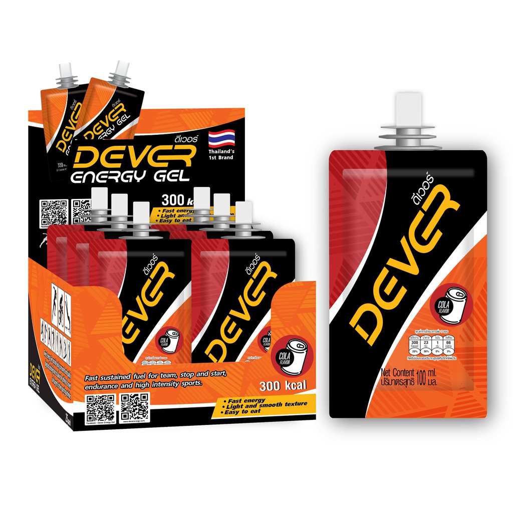 ภาพหน้าปกสินค้าDEVER energy gel (vital source of energy) ดีเวอร์ เจลให้พลังงาน เยลลี่ สำหรับนักกีฬา นักวิ่ง ) 100 ML โคล่า 6 ซอง