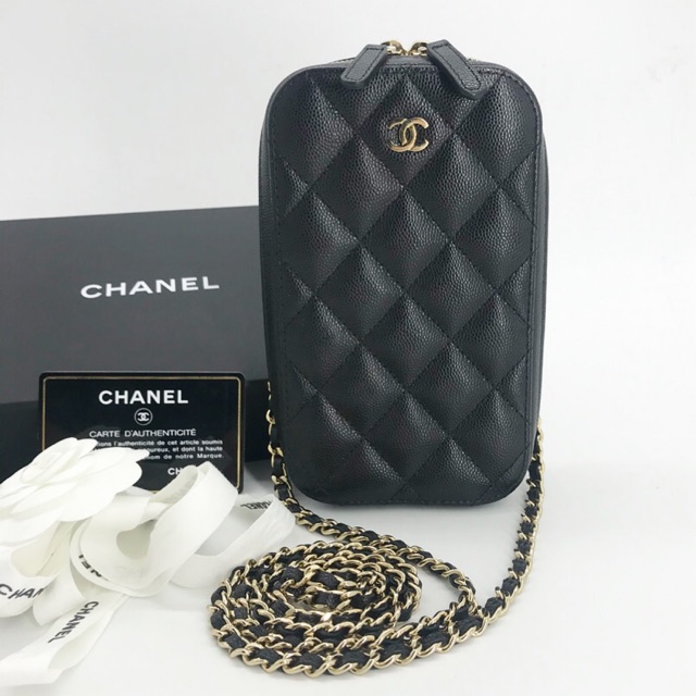 Chanel Phone Case With Chain Black Caviar GHW (Very Good) Holo26
