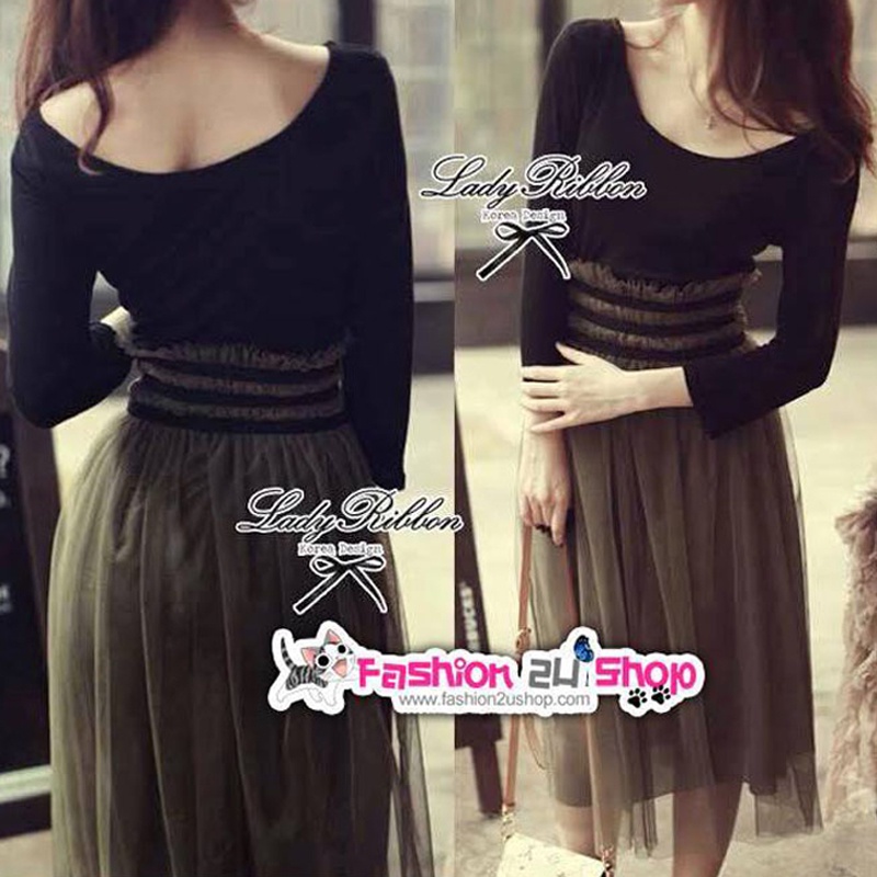 sale-lady-fluffy-midi-dress-มิดี้เดรส-เดรสยาวเสื้อผ้ายืดต่อกระโปรงผ้าโปร่งฟูฟ่อง-สีดำ-เขียวขี้ม้า