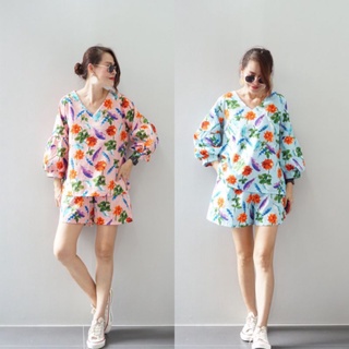 📌ทักก่อนสั่ง📌ชุดเซท2ชิ้นลายดอก ผ้าcotton เสื้อคอวี แขนพอง อก42”+ กางเกงขาสั้น เอวสม็อค richmoney