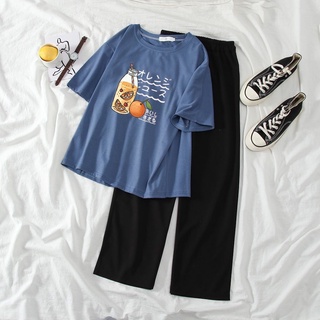 เสื้อแขนสั้น + กางเกงขากว้างพิมพ์ลายสไตล์เกาหลีแฟชั่นฤดูร้อนสําหรับผู้หญิง 2 ชิ้น