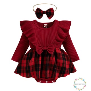 Babyclothes- ชุดรอมเปอร์ จั๊มสูท คอกลม แขนยาว ลายสก๊อต แต่งระบาย ผูกโบว์ พร้อมที่คาดผม สําหรับเด็กผู้หญิง