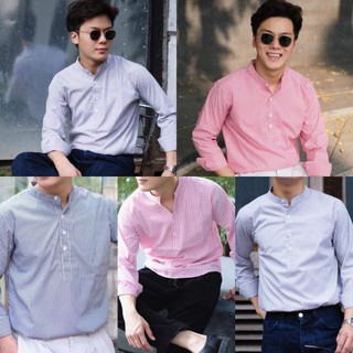 เสื้อเชิ้ตคอจีน กระดุม4เม็ด ลายริ้ว oxford shirt ✨ เสื้อผ้าผู้ชาย