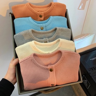Baby Boys and Girls Waffle Knit Bottoming Shirt Thin Coat Kids Korean Style Top Clothes Baby Shirt 0-3 Years Old