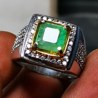 แหวนพลอยมรกตธรรมชาติ สีเขียว สีเงิน แบบดั้งเดิม