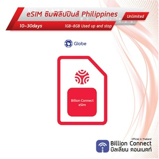 eSIM Philippines Sim Card 1-8GBUsed up and stop Globe : ซิมฟิลิปปินส์ เน็ตไม่อั้น 10-30วัน ซิมต่างประเทศ Billion Connect