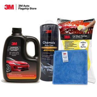 3M แชมพูล้างรถ PN39000W + ฟองน้ำล้างรถ 3M + ผ้าชามัวส์ Chamois Auto Care + ผ้าไมโครไฟเบอร์ สีฟ้า 30x30 cm