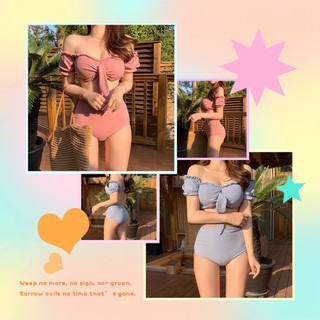 Bikini 👙ชุดบิกินี่เปิดไหล่สีชมพู/สีฟ้าเซ็กซี่แฟชั่นZ0D9