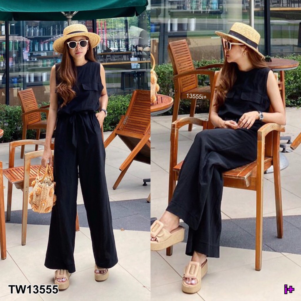 ภาพสินค้าSS13555 Jumpsuit จั๊มสูท แขนกุด ขายาวเย็บเบิ้ล + เชือกผูกเอว จากร้าน twinsskyshop บน Shopee ภาพที่ 5