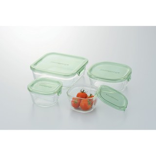 Iwaki เซ็ทกล่องแก้วเหลี่ยมฝาเขียว 4 ชิ้น:200ml(2)+450ml+800ml แบรนด์ญี่ปุ่น แก้วใสและเบามาก มีส่งฟรี (ใส่ไมโครเวฟได้พร้อ