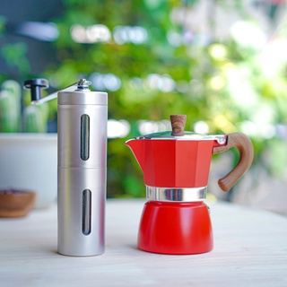 ชุดหม้อต้มกาแฟสด มอคค่าพอท Moka pot 3cup (สีแดง) + เครื่องบดเมล็ดกาแฟ มือหมุน