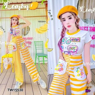 TW15530 Set 2 ชิ้น เสื้อยืดแขนสั้น ผ้าคอตตอน สกรีนลายสวยด้านหน้า มาพร้อมกางเกงขายาวทรงกระบอกลายริ้ว แต่งกระเป๋า