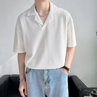 เสื้อโปโลลําลอง คอวี ทรงหลวม โอเวอร์ไซซ์ ลายวาฟเฟิล สีขาว แบบเป็นทางการ สไตล์เกาหลี แฟชั่นฤดูร้อน สําหรับผู้ชาย