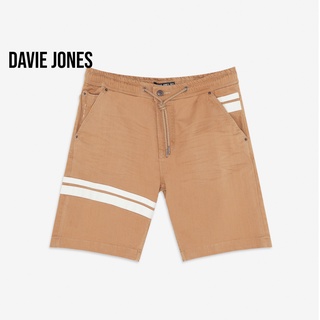 DAVIE JONES กางเกงขาสั้น ผู้ชาย เอวยางยืด สีกากี คาดหนังขาว Elasticated Shorts in navy SH0008KH