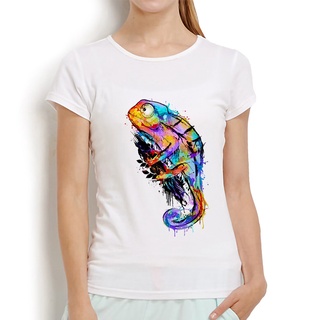 เสื้อยืดลําลอง แขนสั้น พิมพ์ลายสีน้ํา กิ้งก่า ตลก แฟชั่นฤดูร้อน สีขาว สําหรับสตรี